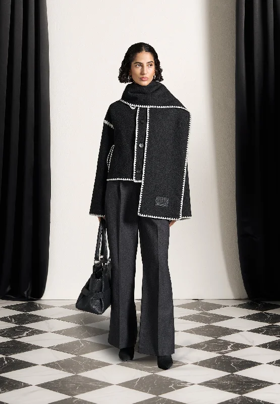 Chic & Cozy Collection Wool Blanket Stitch Jacket with Scarf - Black