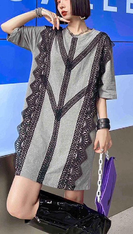 Flash Sales This Week Organic Grey Cotton Patchwork Lace Summer Ankle Dress