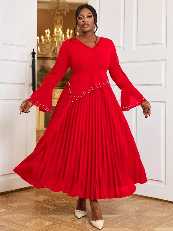 Sophisticated Style AOMEIDRESS Beading Pleated A Line Dress V Neck Long Flare Sleeve Maxi