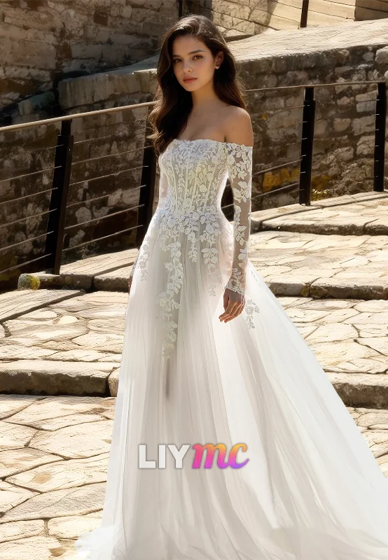 Bold Fashion Off-Shoulder Long Sleeves Lace Appliques Tulle A-Line Brach Wedding Dress