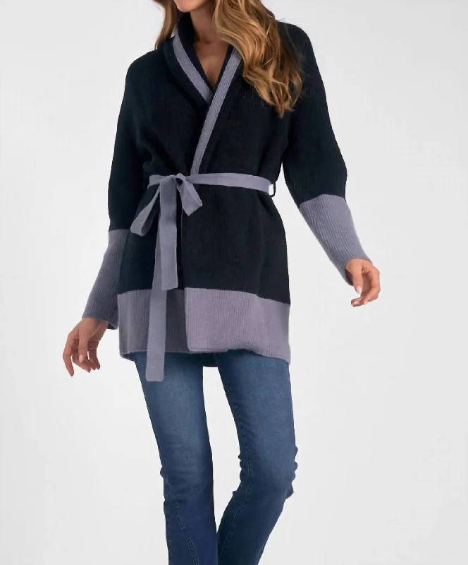 Women Clothes Belted Color Block Cardigan In Black/grey