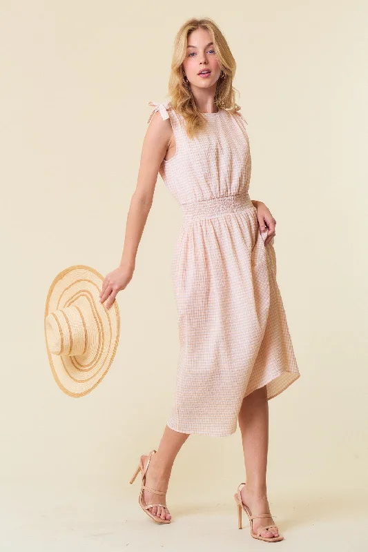 Trendy Threads Beige Gingham Plaid Ruched Shoulder Midi Dress