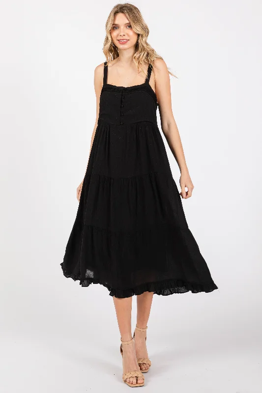 You'Ll Love Us Because Black Sleeveless Button Tiered Midi Dress