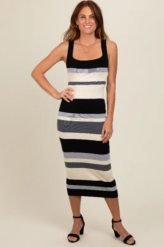 Holiday Discount Black Striped Sweater Square Neck Midi Dress