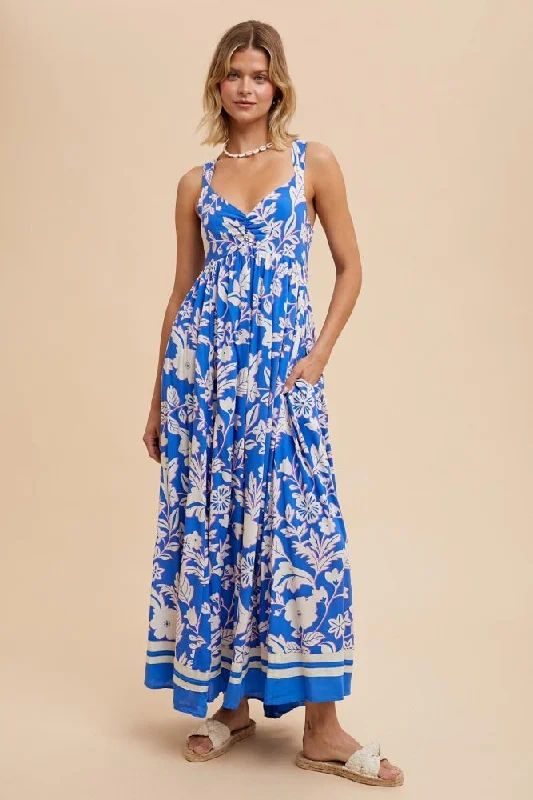 Trend Setting Wardrobe Blue Floral Cutout Back Tie Maxi Dress