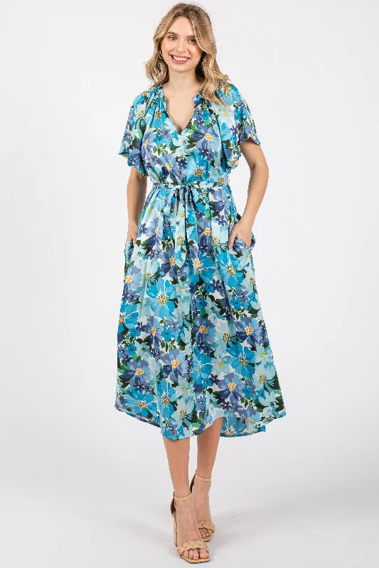 New Styles Just In Blue Floral V-Neck Short Puff Sleeve Tie Waist Satin Midi Dress