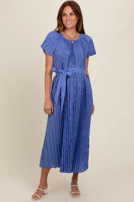 Valentine's Special Blue Pleated Sash Tie Midi Dress