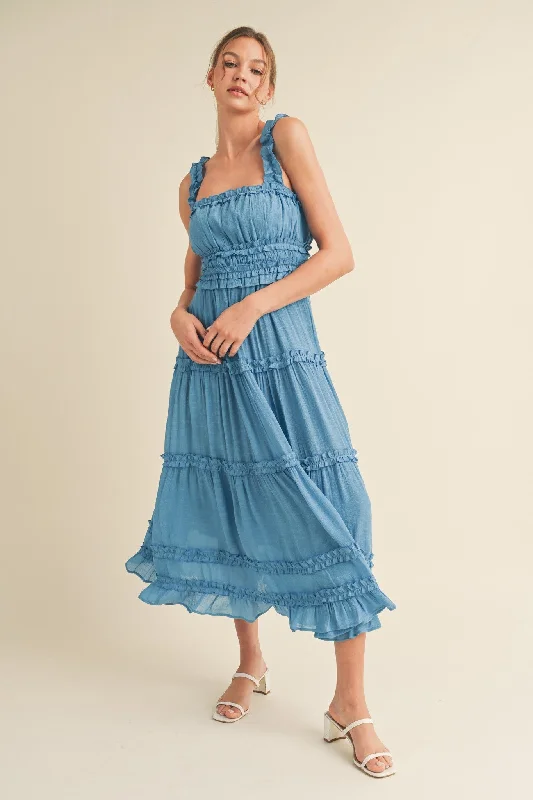 Timeless Women's Fashion Styles Blue Ruffled Midi Dress