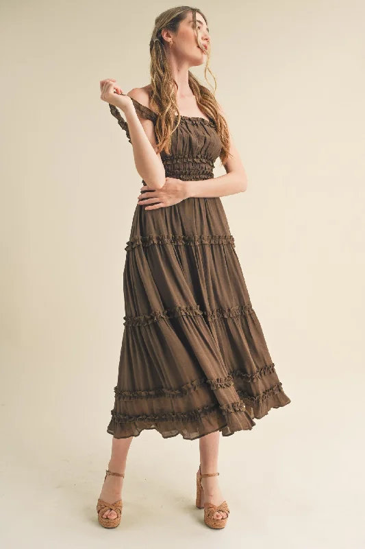 Affordable Fashion for Women Brown Ruffled Midi Dress