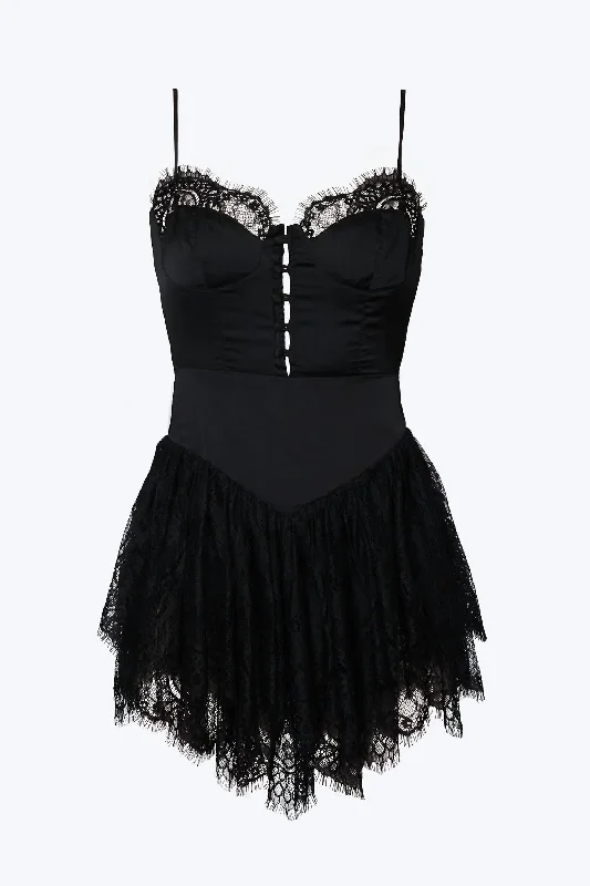 Comfortable Casual Wear Bustier Lace-Trimmed Satin Mini Dress In Black