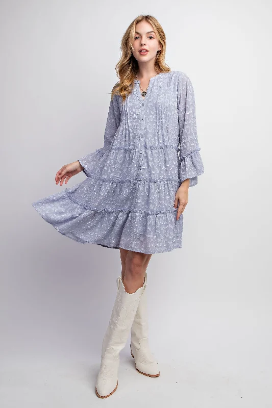 Early Bird Offer Dusty Blue Textured Chiffon Button Down Woven Dress