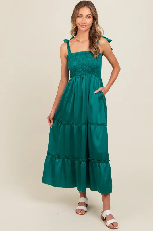 Big Discounts Forest Green Satin Smocked Maxi Dress