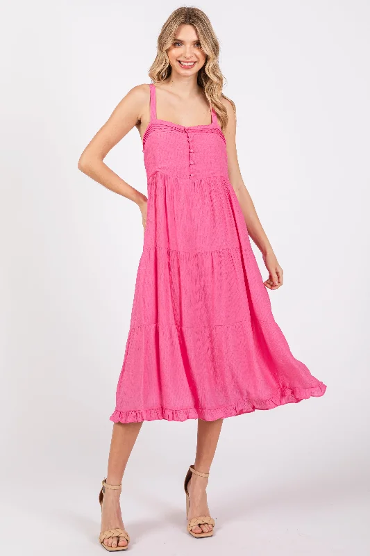 Daily Deals Fuchsia Sleeveless Button Tiered Midi Dress