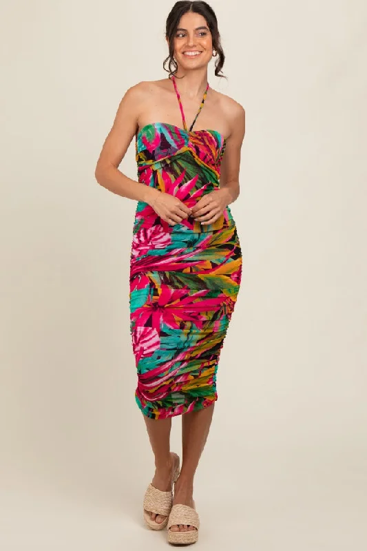 Break Fashion Norms Fuchsia Tropical Halter Fitted Midi Dress