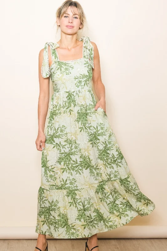 Fashion-forward Women's Clothing Green Crochet Trim Floral Maxi Dress