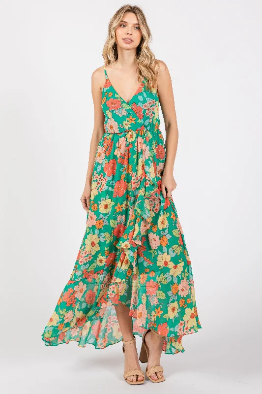 Unbeatable Prices Green Floral Chiffon Ruffle Hi-Low Sleeveless Midi Dress