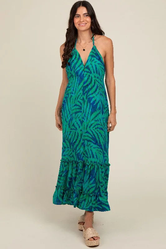 Women Online Clothing Boutiques Green Leaf Print Halter Maternity Maxi Dress