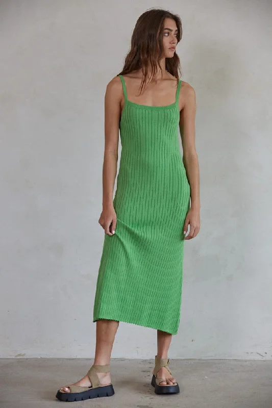 The Latest Fashion Trends Green Square Neck Ribbed Sleeveless Midi Dress