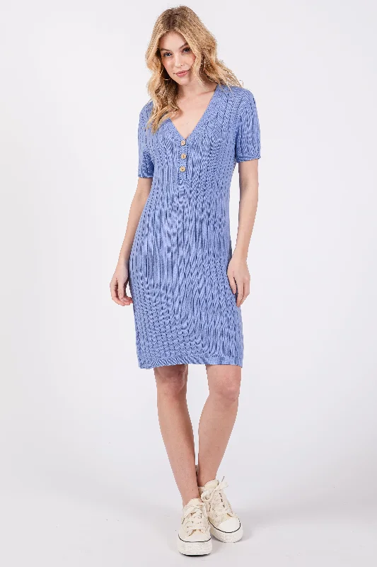 Trendy Street Style Attire Light Blue Ribbed Knit Dress