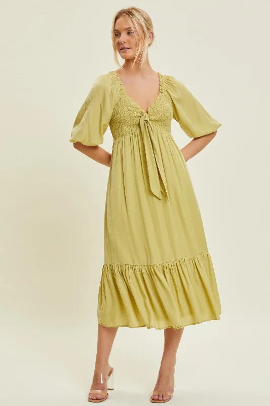 Latest Fashion for Women Light Olive Smocked Front Tie Midi Dress