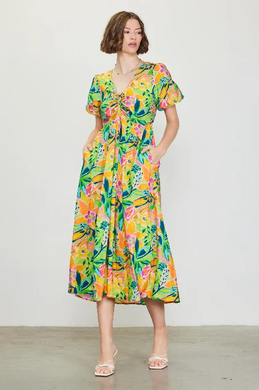 Women's Clothing for Every Season and Trend Lime Floral Puff Sleeve Midi Dress