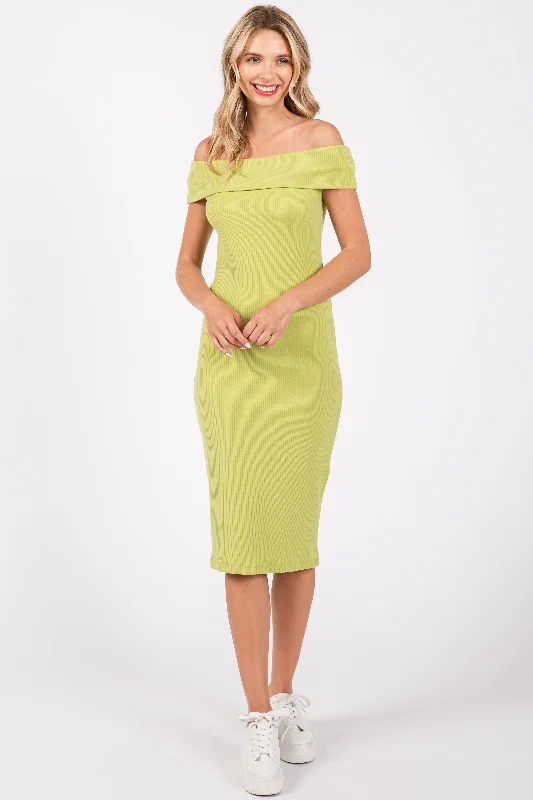 Elegant Attire For The Modern Lady Lime Ribbed Knit Off Shoulder Midi Dress