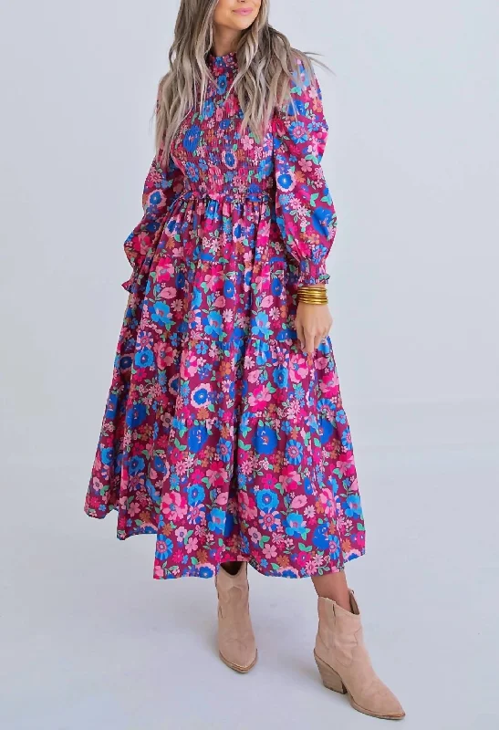 Relaxed Fit Women's Fashion London Floral Maxi Dress in Magenta