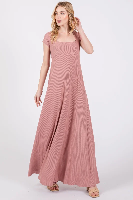 Massive Savings Mauve Ribbed Square Neck Short Sleeve Maxi Dress