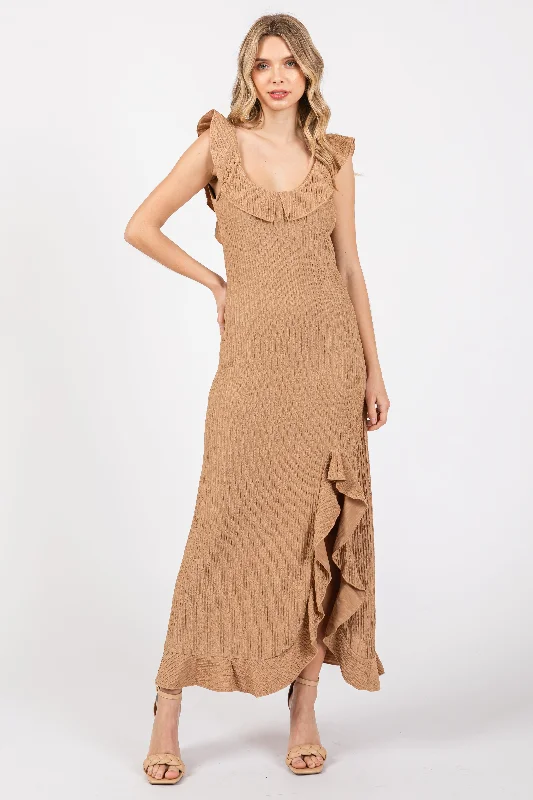 Trendy Aesthetics Mocha Textured Sleeveless Ruffle Slit Maxi Dress