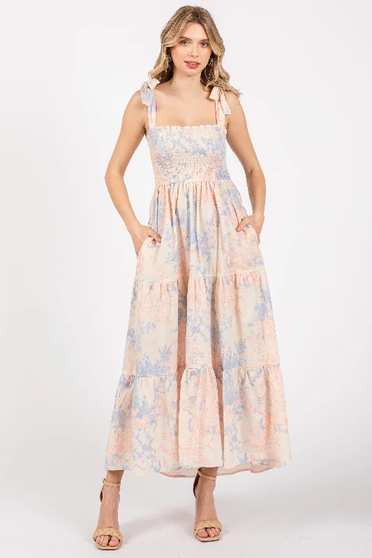 Limited Time Offer Multicolor Pastel Print Shoulder Tie Tiered Midi Dress