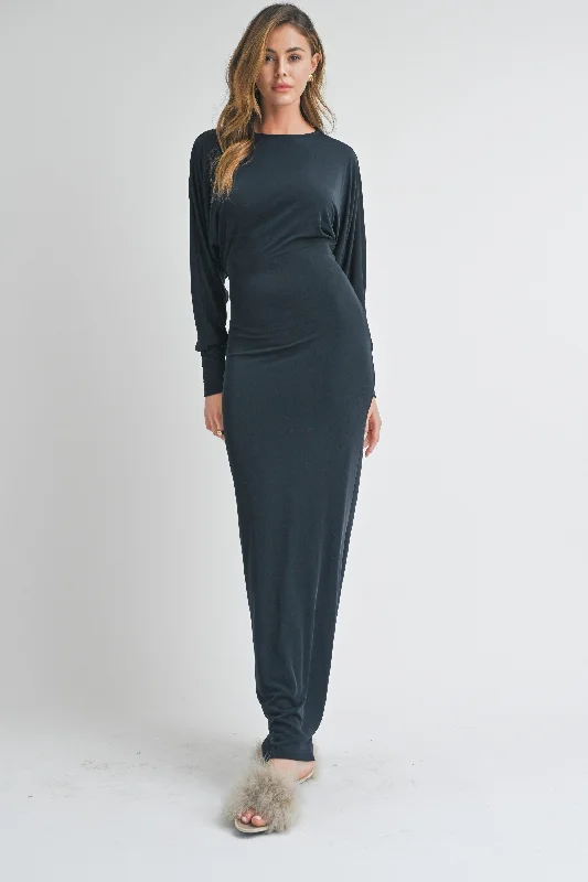 Women's Stylish Outerwear Navy Blue Long Sleeve Open Back Maxi Dress