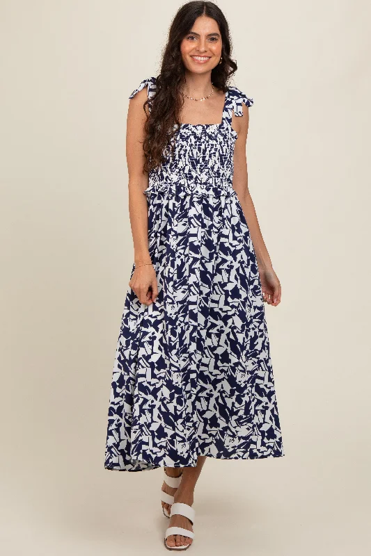 Stupidly Low Prices Navy Printed Smocked Shoulder Tie Midi Dress