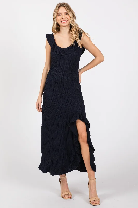 Limited Stock, Big Sale Navy Textured Sleeveless Ruffle Slit Maxi Dress