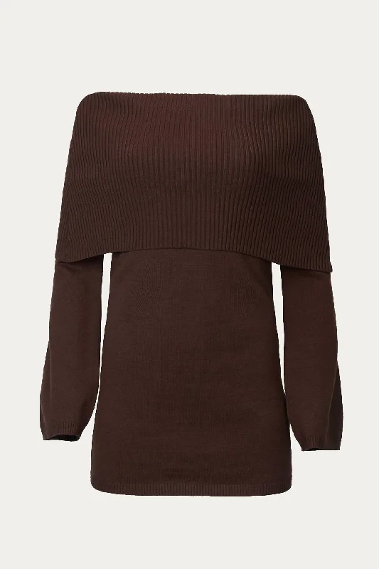 Casual and Comfortable Outfits Off-The-Shoulder Sweater Dress In Chocolate