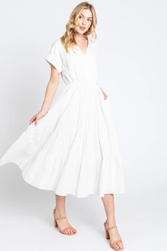 Women's Clothing for Every Occasion Off White Collar V Neck Cuffed Sleeve Tiered Midi Dress