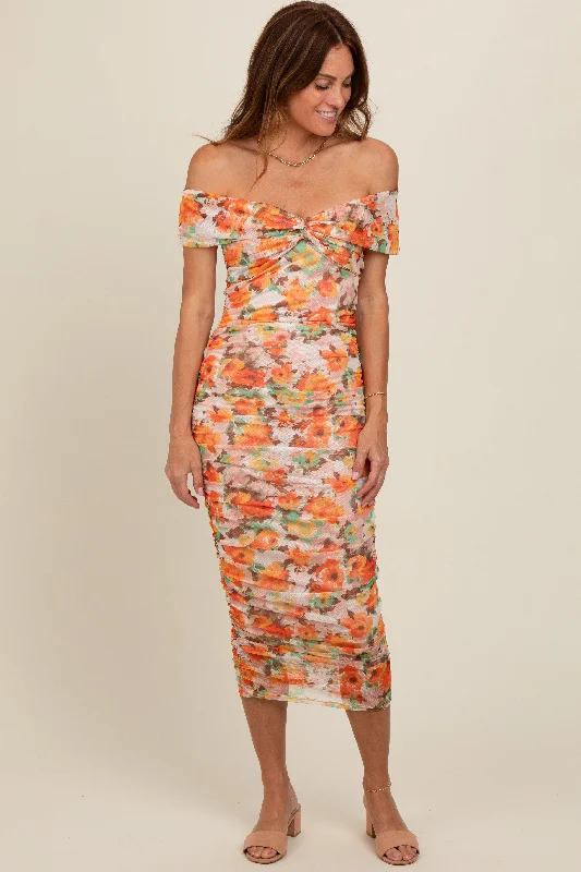 Your Timeless Wardrobe Awaits Orange Floral Off Shoulder Ruched Midi Dress