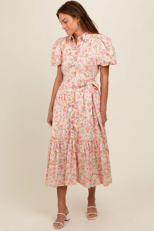 Trendy Attire For Her Pink Floral Puff Sleeve Button Down Midi Dress