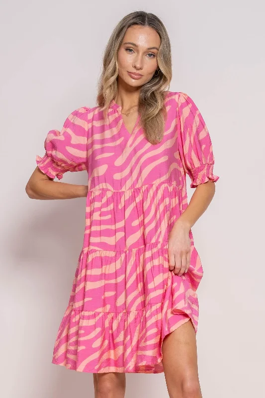 Stylish Loungewear for Women Pink Split V-Neck Smocked Short Sleeve Tiered Dress