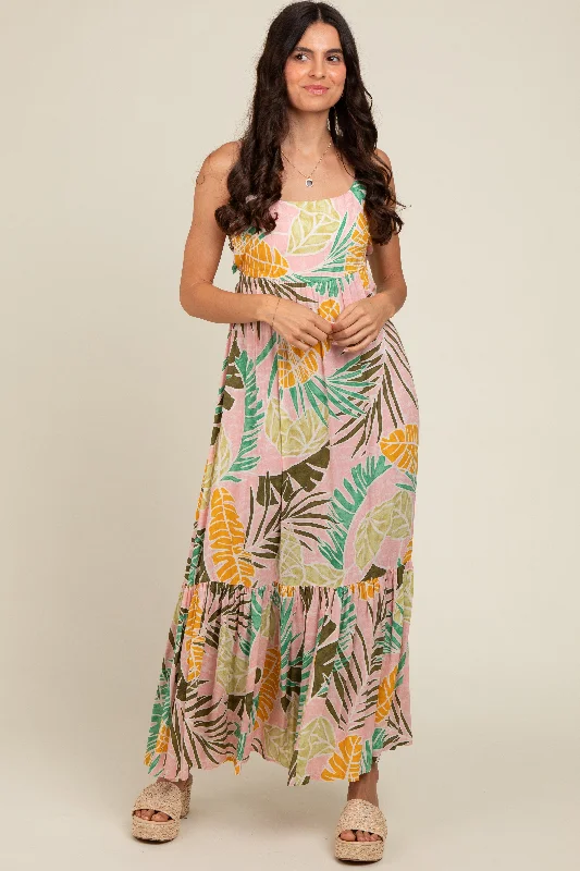 Winter Wardrobe Clearance Pink Tropical Print Maxi Dress