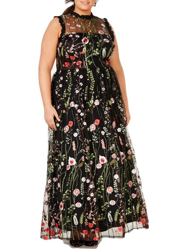 Preppy Style Plus Womens Embroidered Floral Maxi Dress