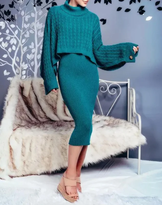 Chic Style, Always In Vogue Ribbed Midi Dress And Turtleneck Sweater Set in Teal