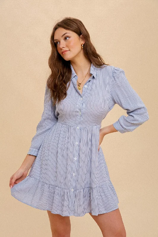 Unbeatable Deals Soft Blue Tie Waist Stripe Shirt Dress