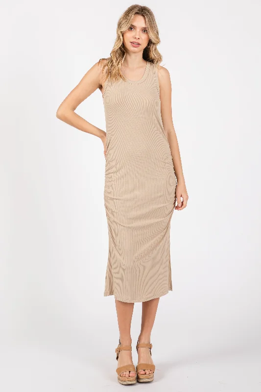 Feminine Dresses for Women in Bold Prints Taupe Sleeveless Ribbed Ruched Dress