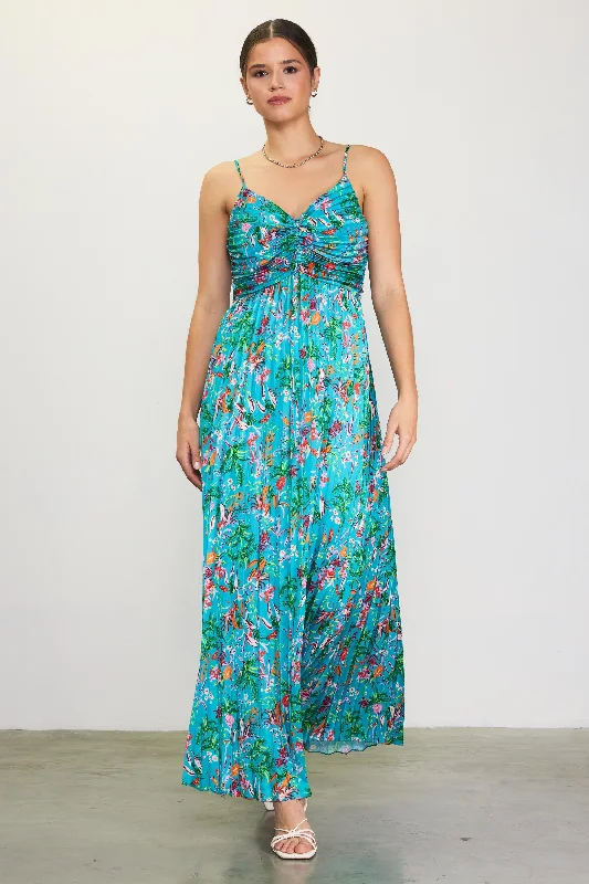 Shop Our Looks Teal Floral Pleated Ruched Front Midi Dress