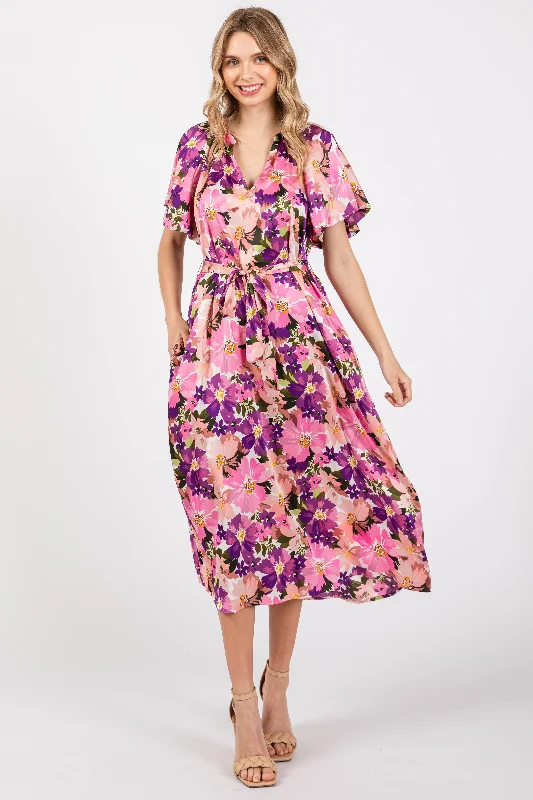 Fashion Sale Violet Floral V-Neck Short Puff Sleeve Tie Waist Satin Midi Dress