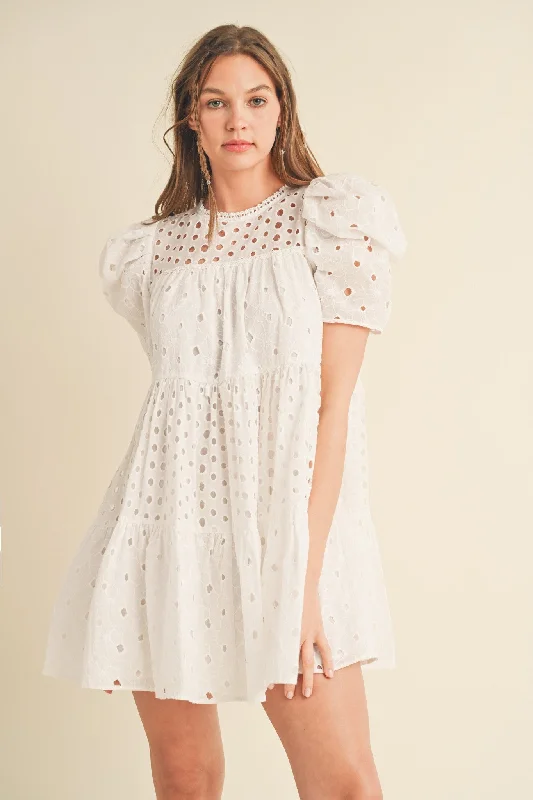 Trend Forward Women's Wear White Floral Eyelet Puff Sleeve Mini Dress