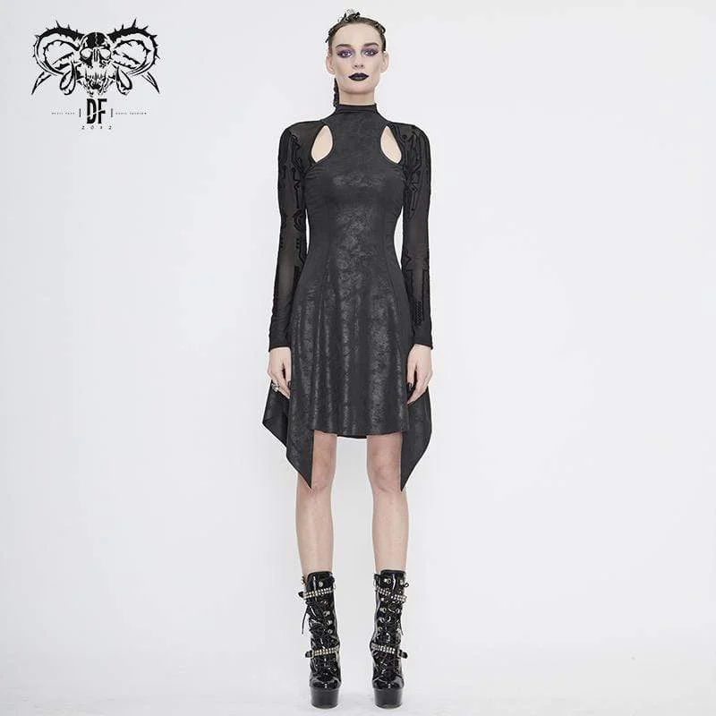 Casual Women's Clothing Women's Gothic Asymmetrical Flared Long Sleeved Dresses with Tear-Drop Cut-out Details