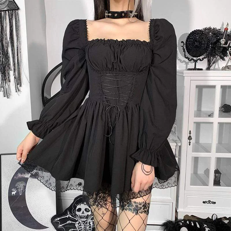 Insane Discount Onslaught Women's Gothic Puff Sleeved Strappy Ruched Dress