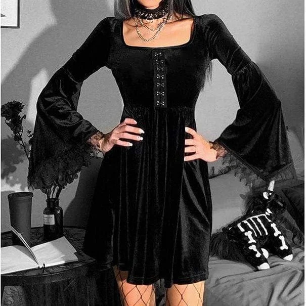 Chic Women's Clothing Online Women's Gothic Toned Horn Sleeved Lace Hem Velvet Dress