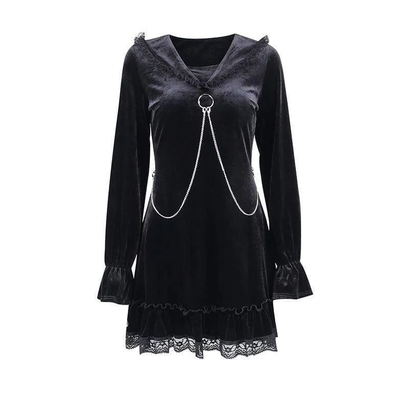 Seasonal Picks Women's Grunge Lace Splice Falbala Velvet Dress